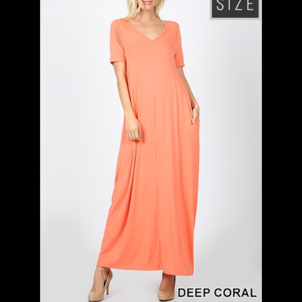 NEW Plus Deep Coral Maxi Dress Pocket Short Sleeve